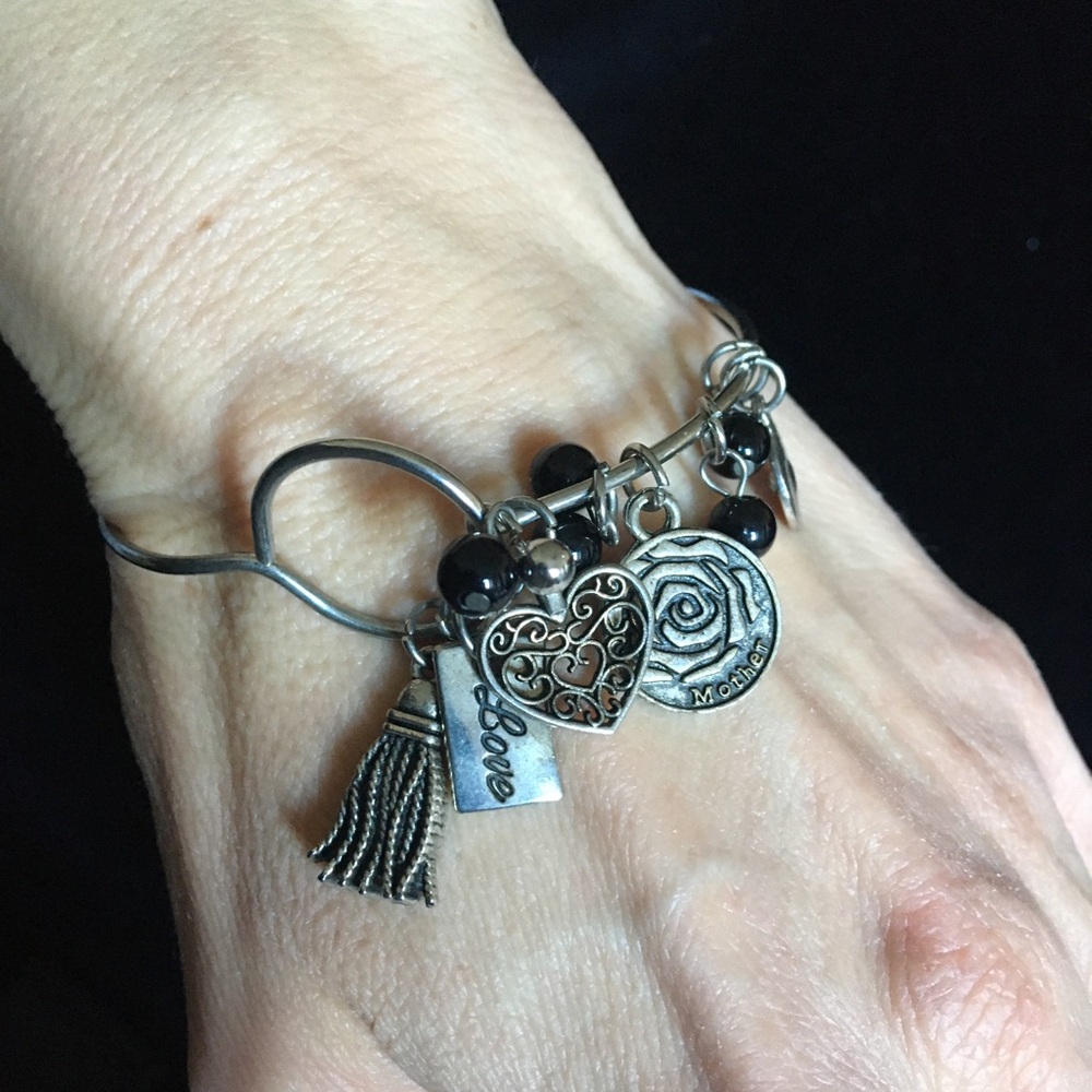 Silver and Black Bangle Love and Mother Charm Bracelet